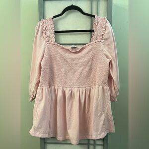 Simply Be US 22 Elasticated Ruched Bust Pink Top Plus Size 100% Cotton Feminine